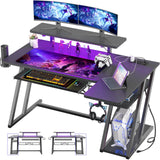 Gaming Desk with Shelves and Outlets, L Shaped Gaming Desk with LED Lights,