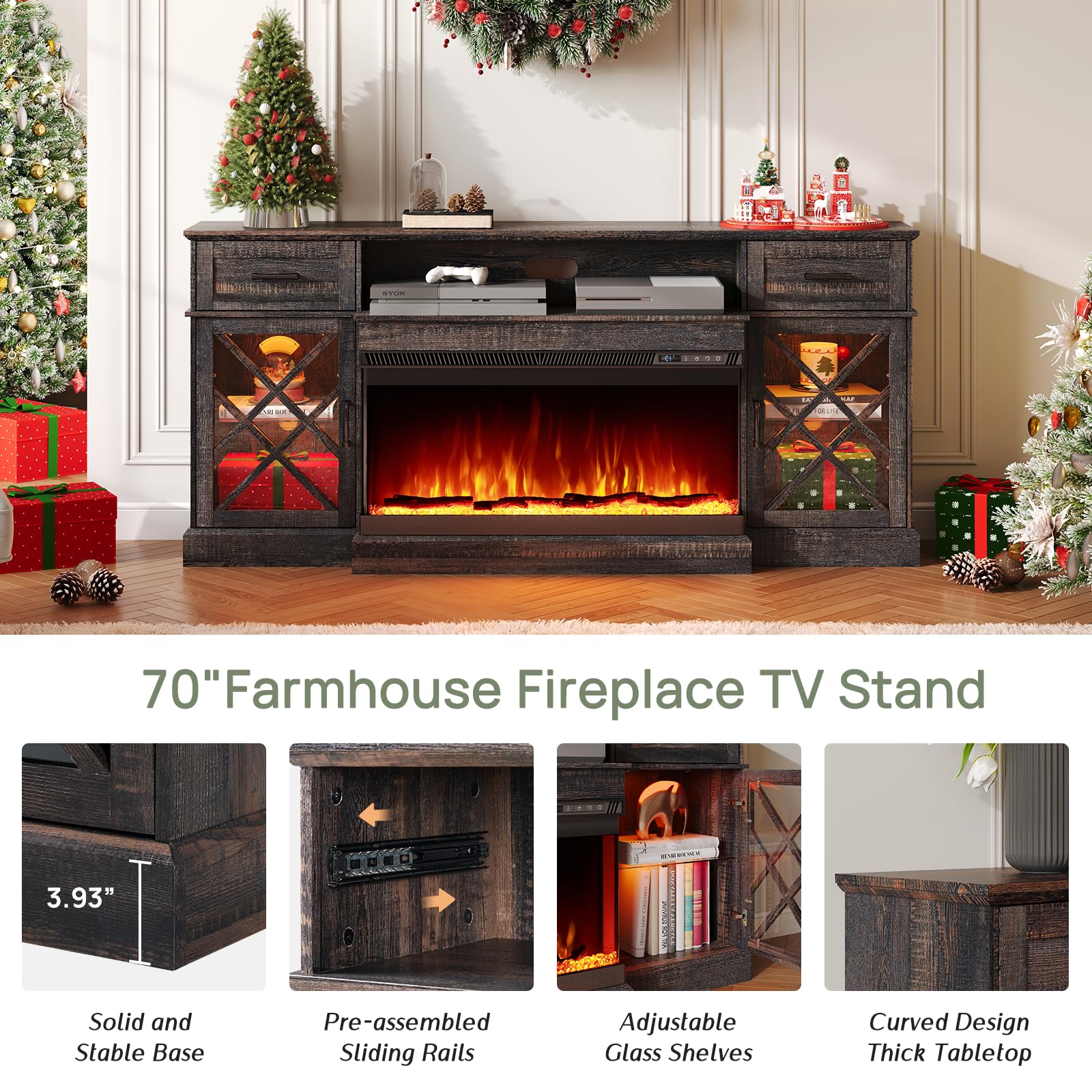 70" LED Fireplace TV Stand with Glass Doors - Black