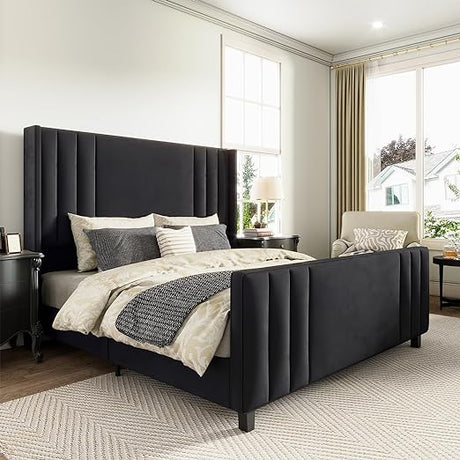 Velvet Upholstered Platform Bed with Vertical Channel Tufted Headboard