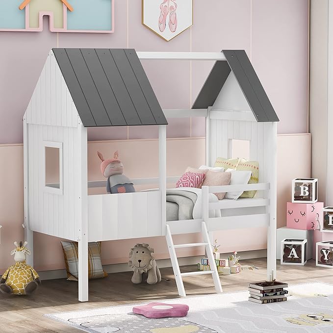 Size Low Loft Bed with Roof and Windows, Wood House Bed with Safety Fence and Two