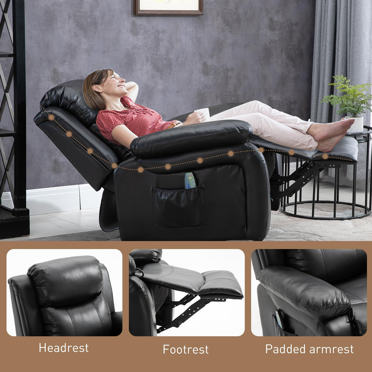 PU Leather Massage Recliner Chair, Swivel Rocker Sofa with Remote Control, Footrest,