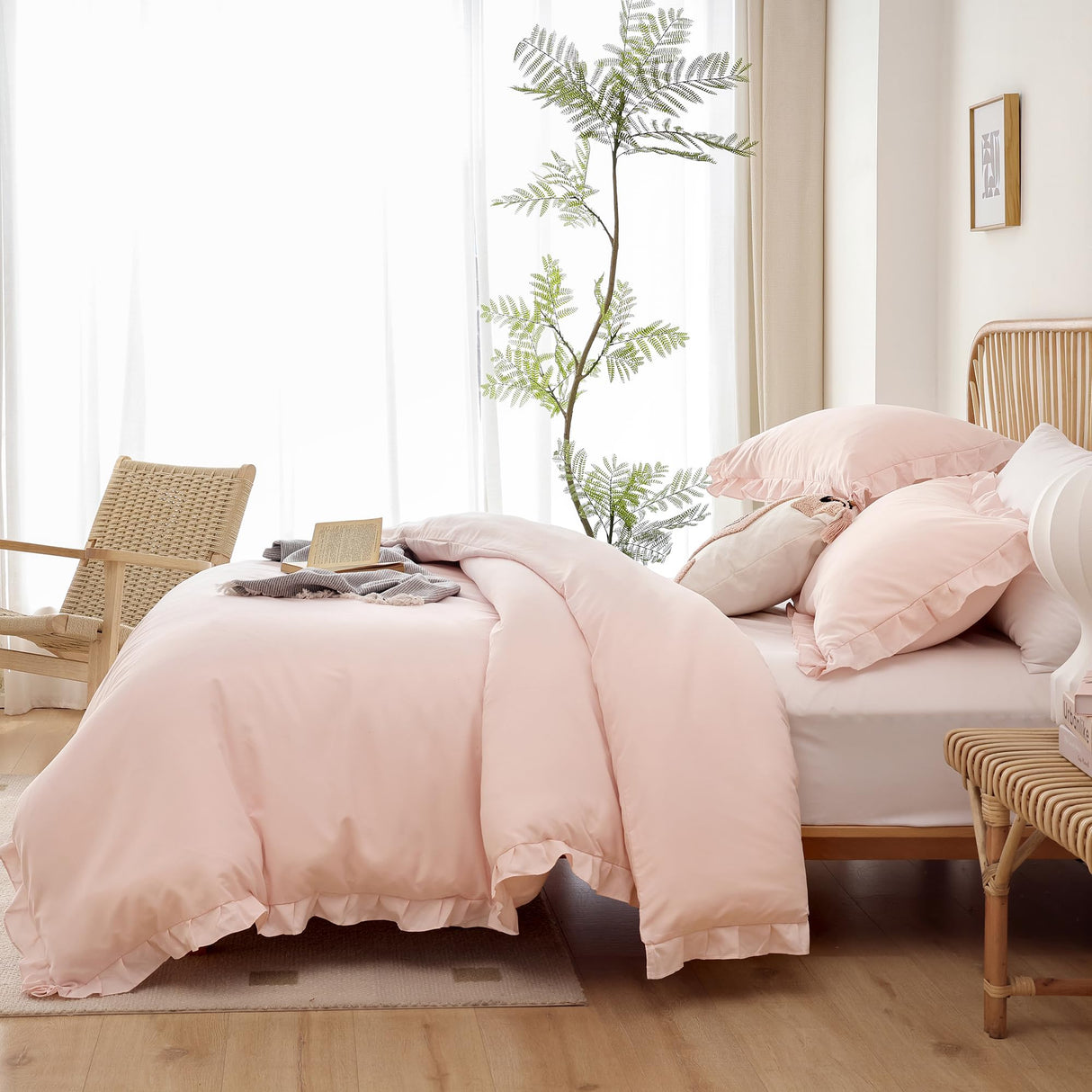 California King Comforter Set Beige Ruffle Comforter 3PCS Soft Fluffy Boho Comforter