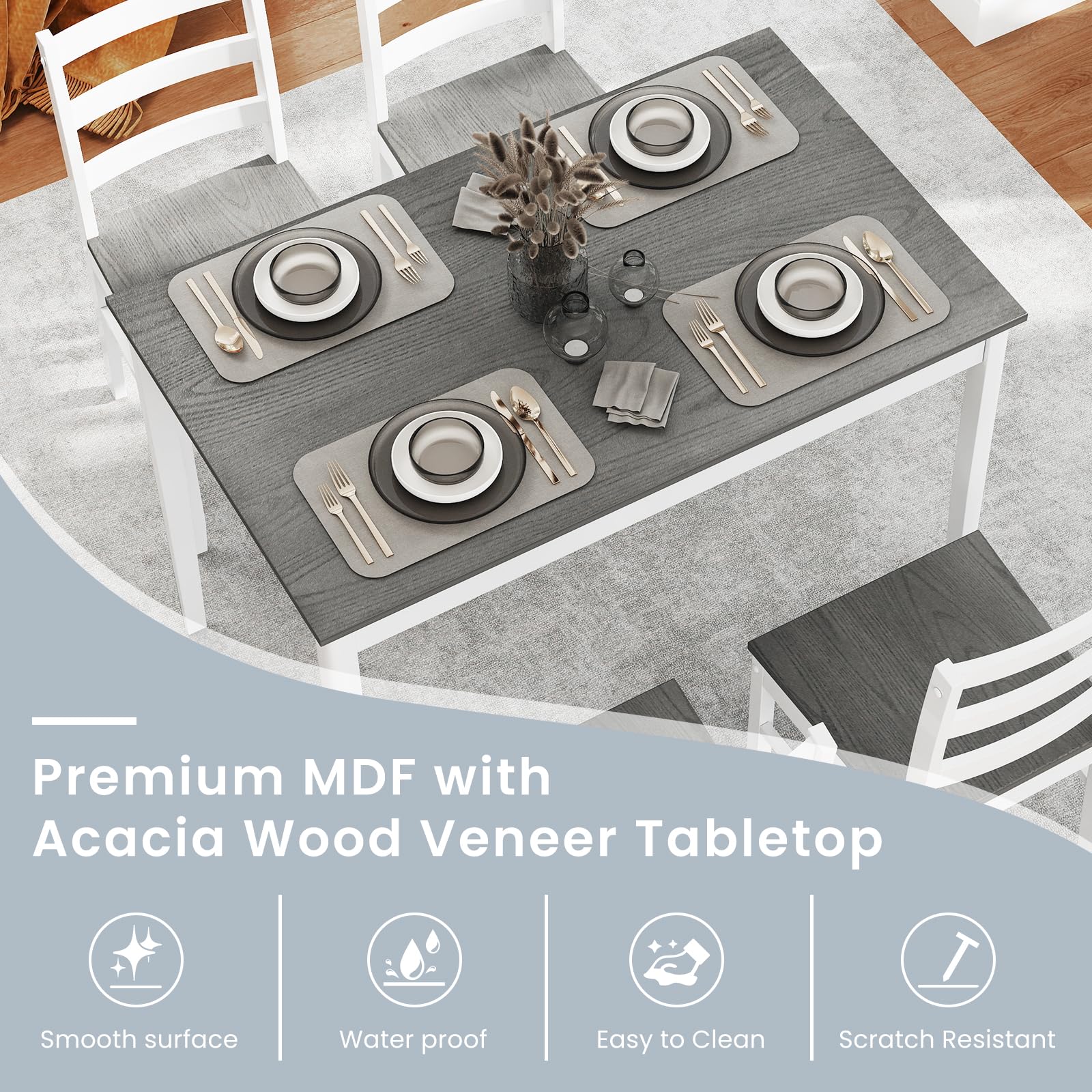 5-Piece Farmhouse Dining Set - Grey Wood Table & Chairs