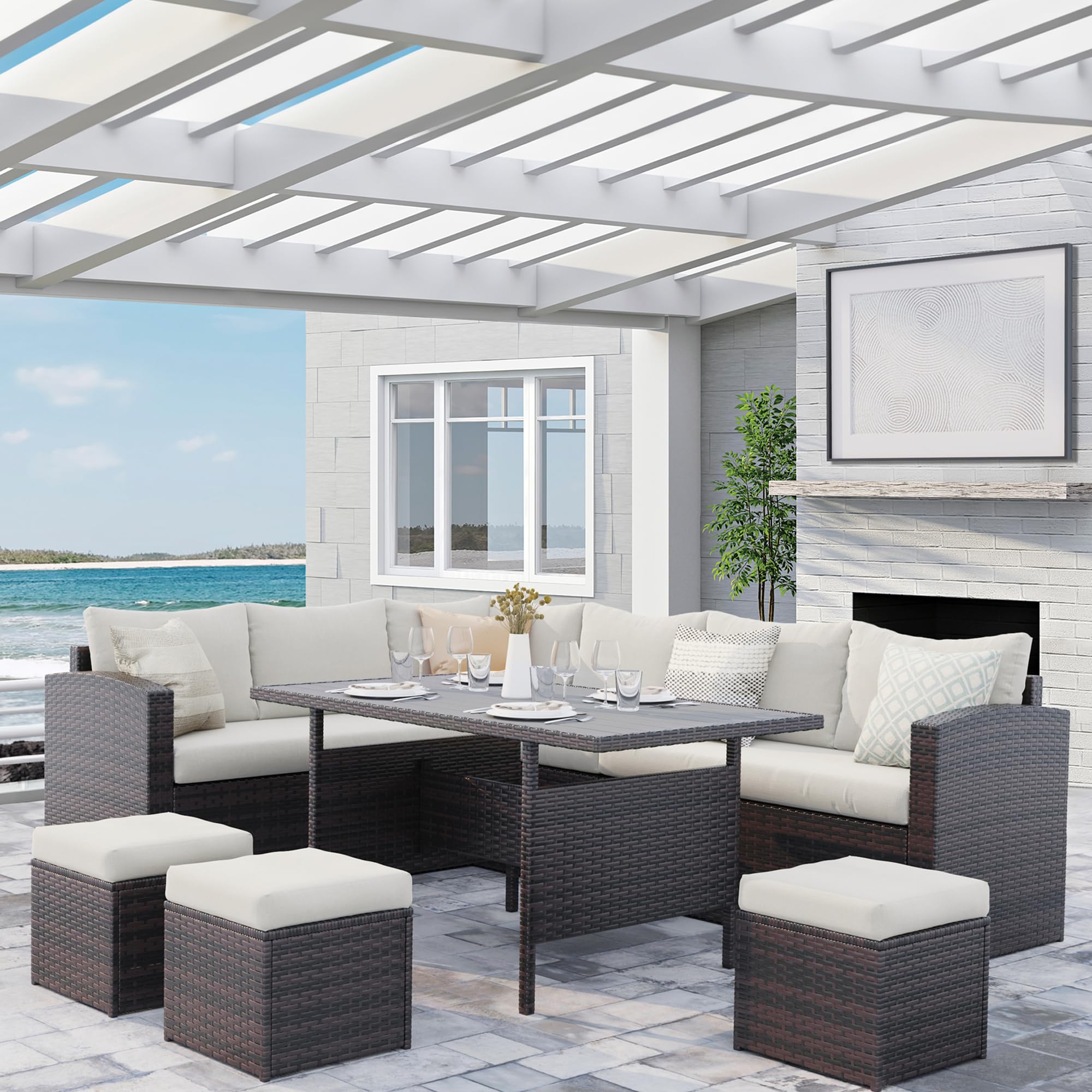 Solaste 7 Piece Patio Furniture Set, All Weather Wicker Patio Conversation Sets with Cushion Seat & Pillows, Outdoor Dining Set, Patio Furniture Outdoor Sectional, Grey