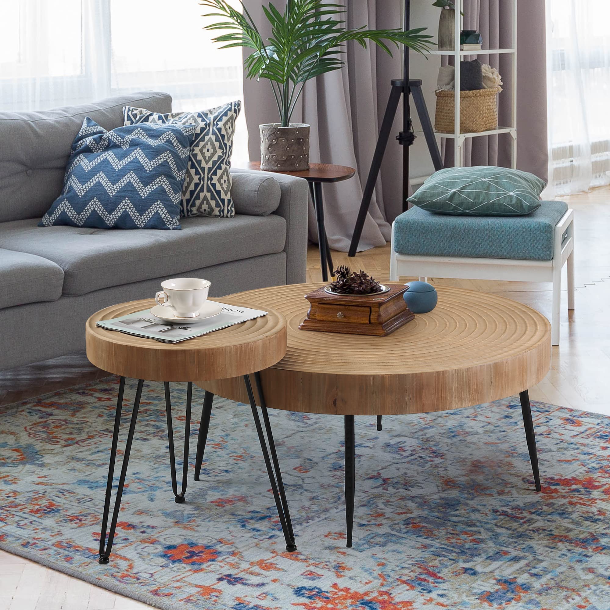 Farmhouse Round Coffee Table Set of 2, Cocktail Table Set, Modern Circle Natural Wood
