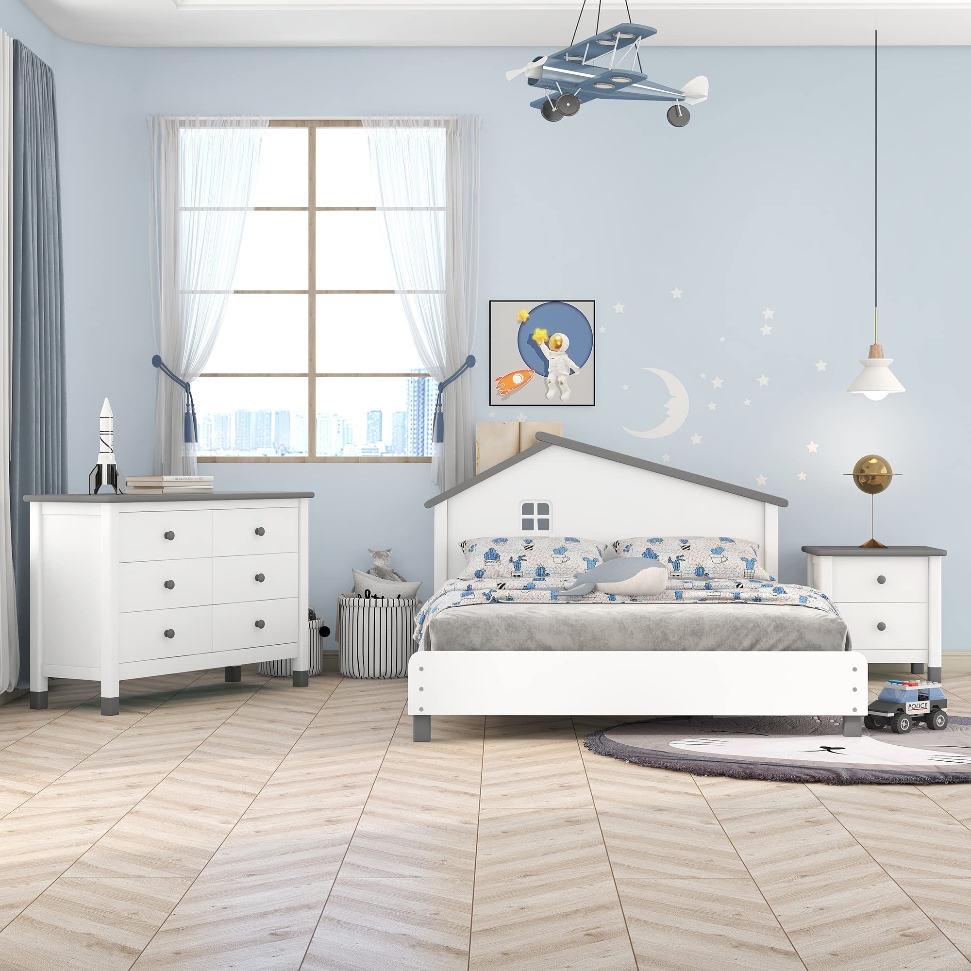 Modern 3-Pieces Bedroom Set with Nightstand and 6 Drawers Storage Dresser