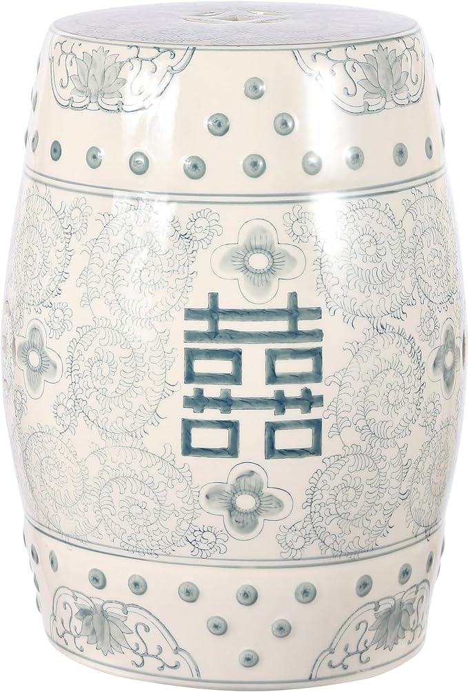 TBL1013B Double Happiness 18" Chinoiserie Ceramic Drum Garden Stool Bohemian, Coastal, Classic, Cottage,