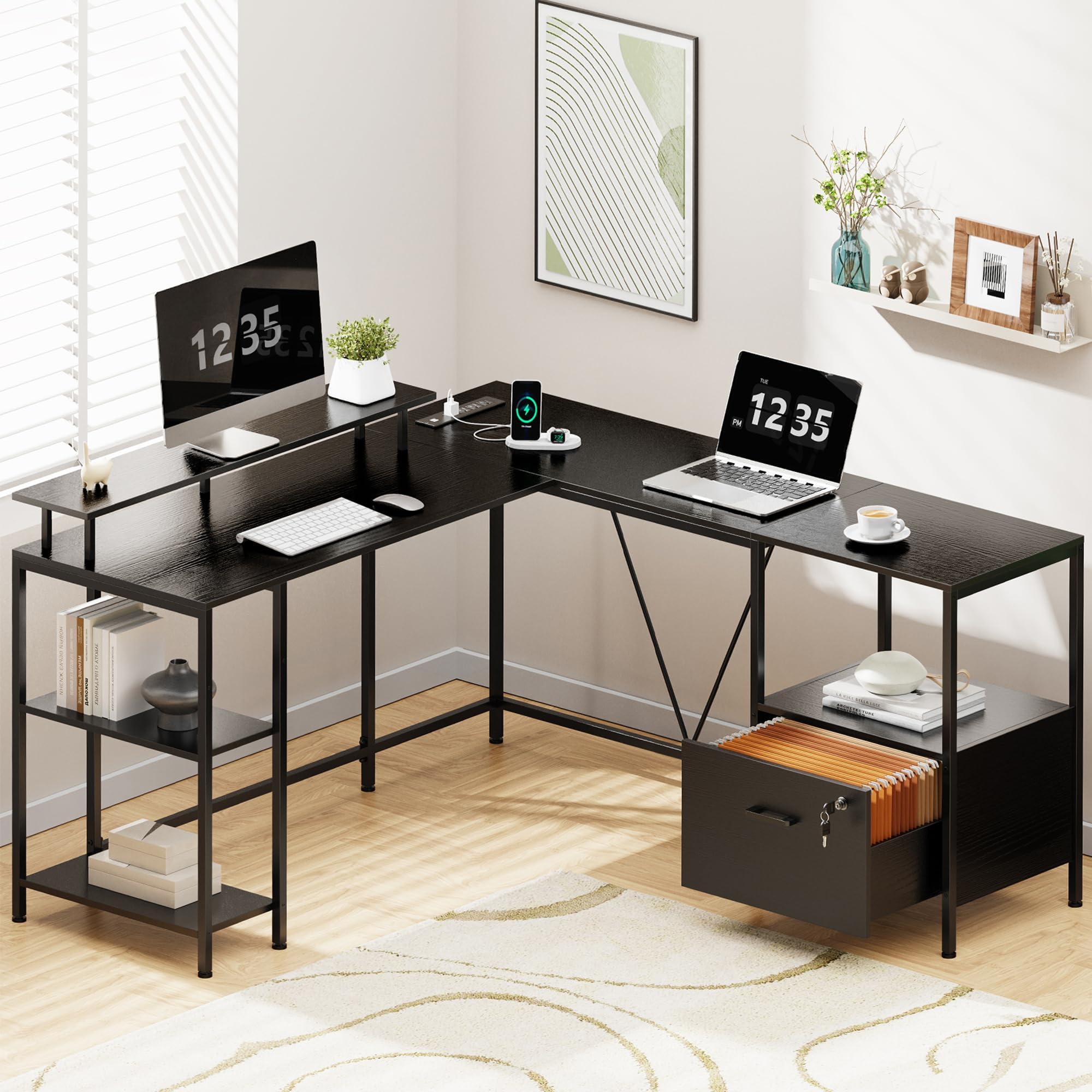 L Shaped Computer Desk with Power Outlets & LED Lights, Reversible Computer