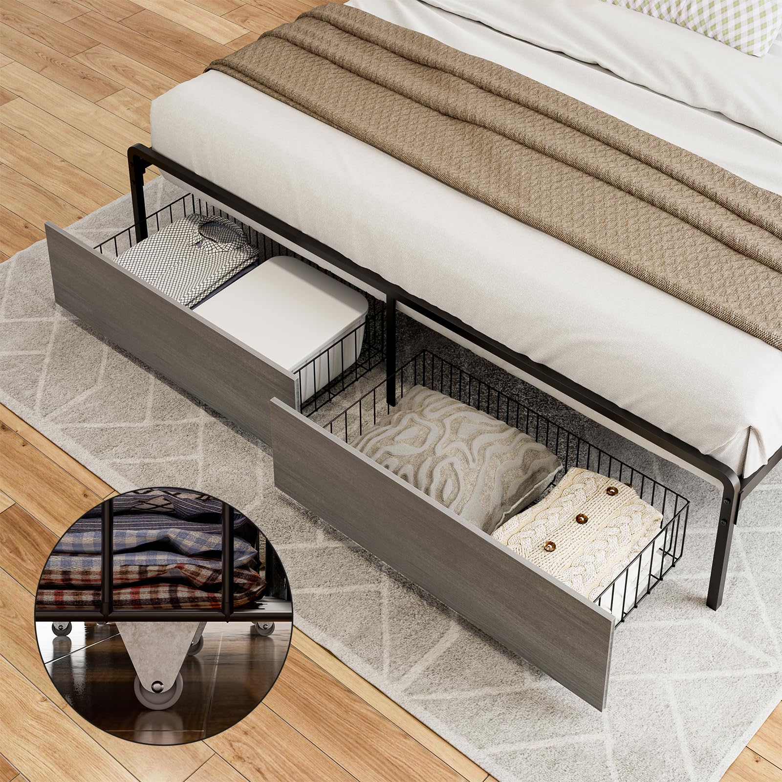 KZNGK California King Bed Frames with Storage Headboard & Charging Station, Upholstered Linen LED Platform Bed with 2 Drawers, No Box Spring Needed,No Noise, Gray