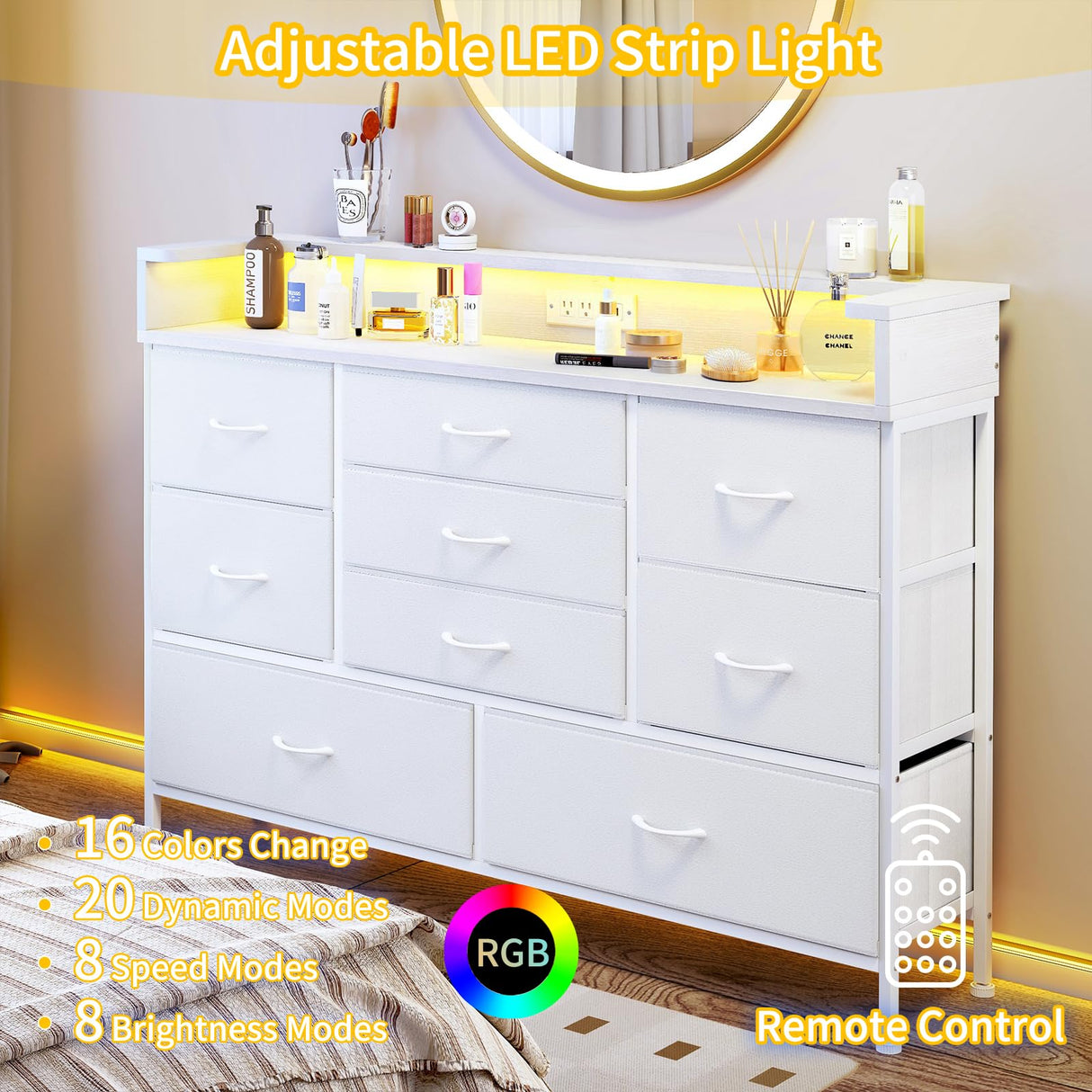 White LED Dresser for Bedroom, Dresser with 9 Drawers and Charging Station, Fabric