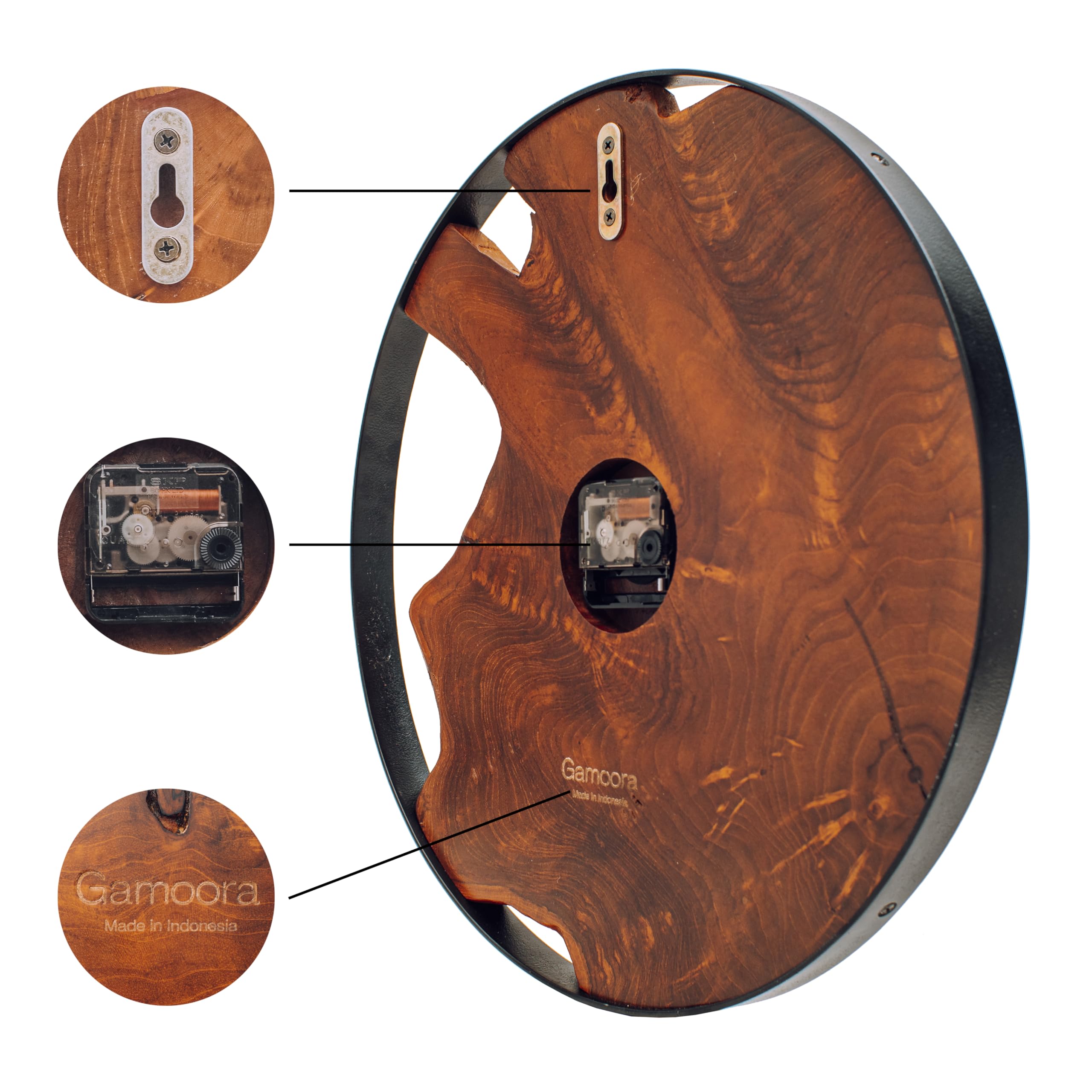 Rustic Wood Wall Clock - Unique Modern Live Edge Teak Dial with Large Black Metal Frame,