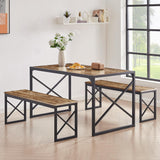 Kitchen Table with 2 Benches for 6,Wood Dining Room Dinette Sets with Metal Frame