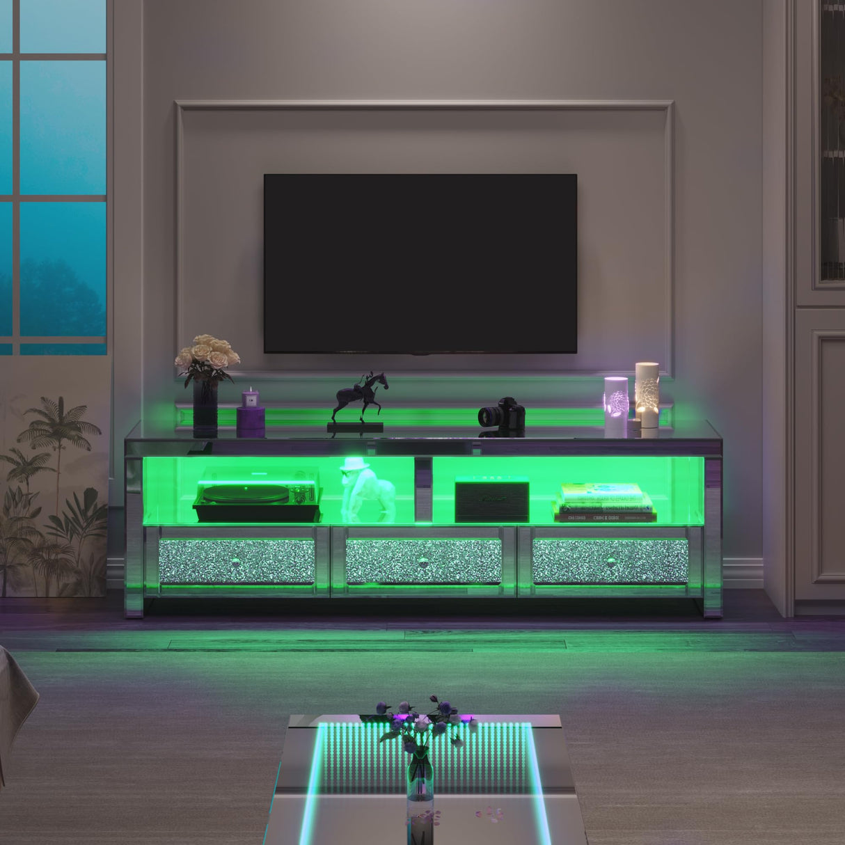 Mirrored TV Stand with LED Light for TVs up to 60”, Modern LED TV Stand