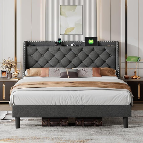 Queen Bed Frame with Wingback & 4" Storage Shelf, Upholstered Platform Bed