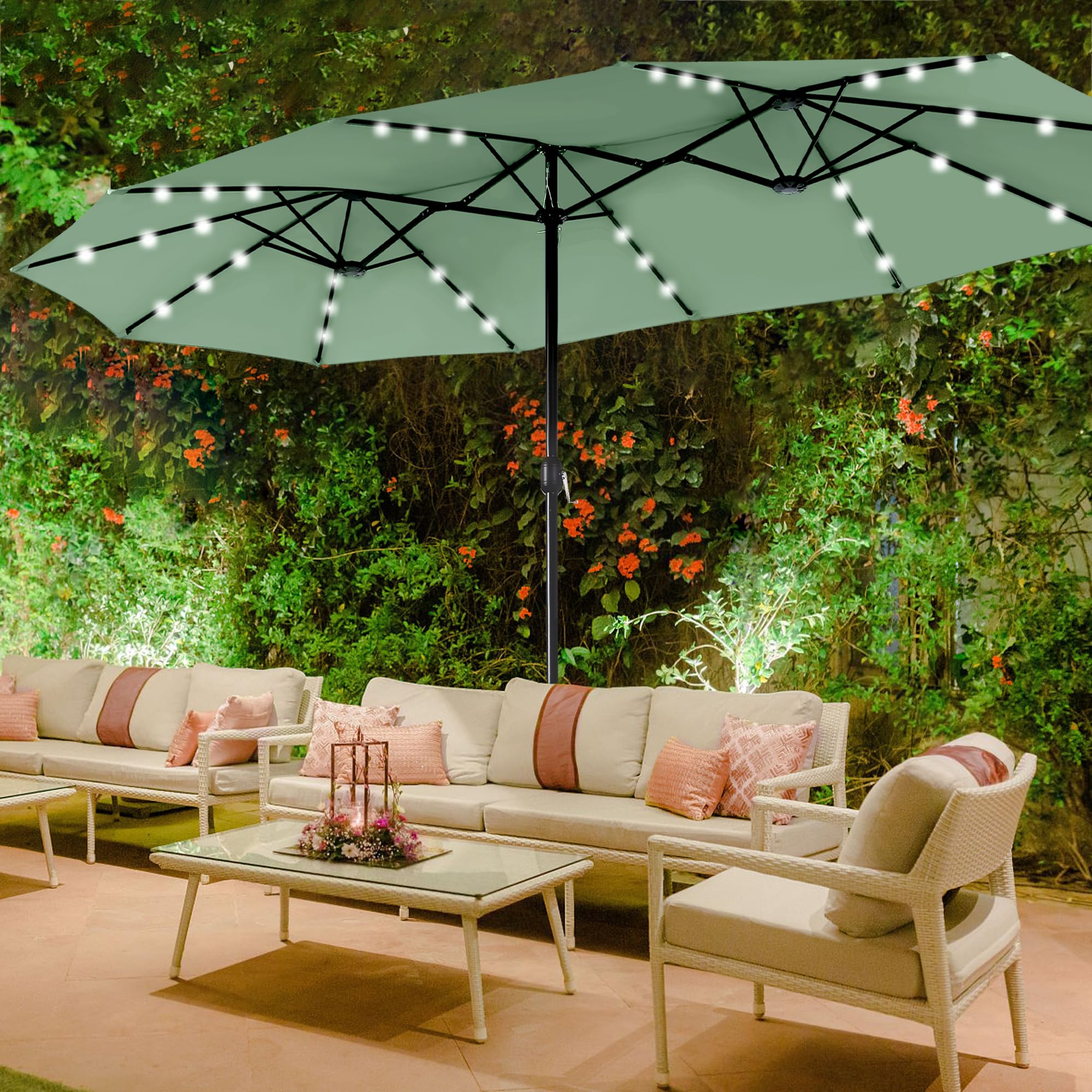 15 ft Extra Large Patio Umbrella with Solar Lights, Rectangular Outdoor Umbrella