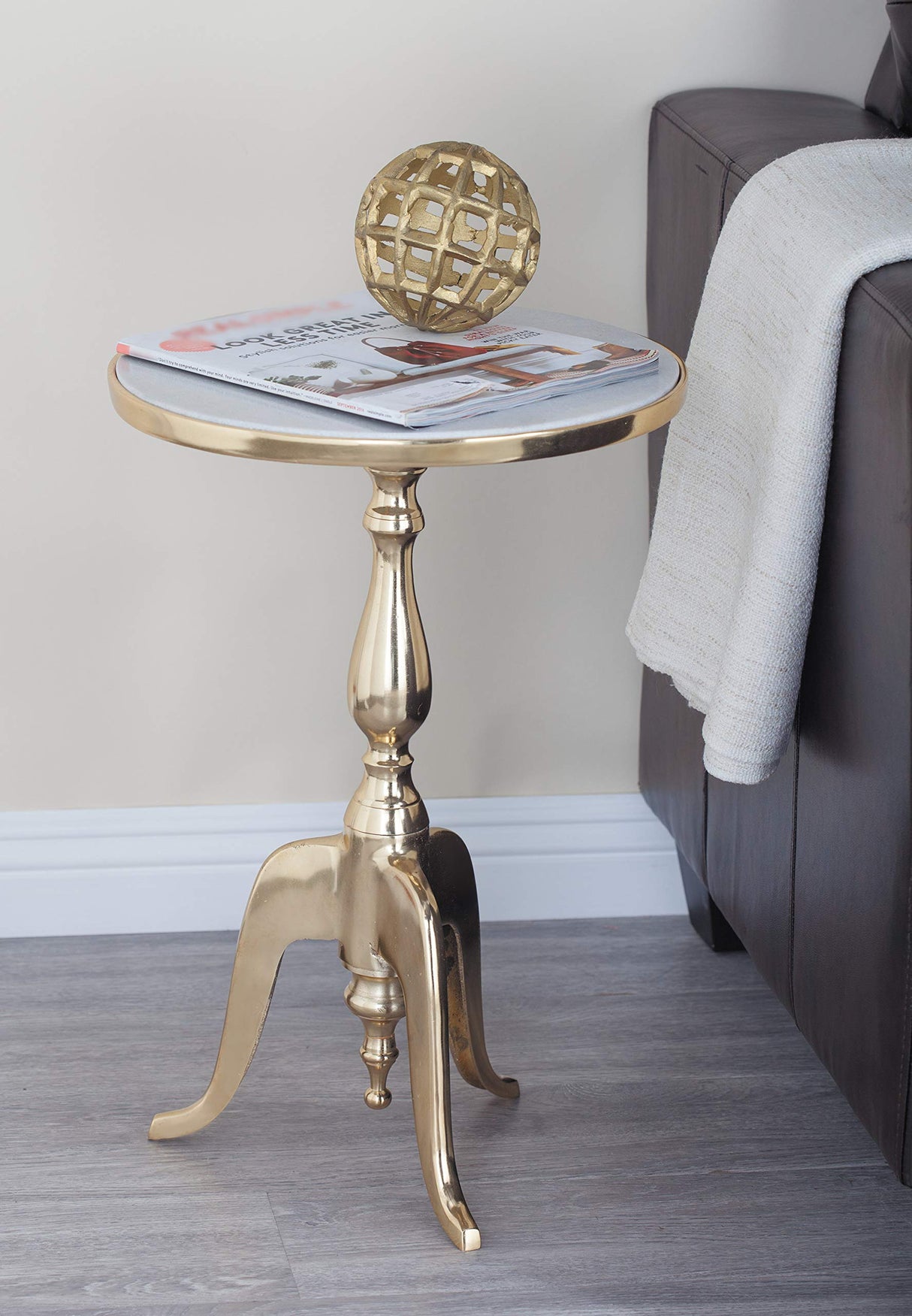 Aluminum Metal Side End Accent Table End Table with Marble Top, Side Table 15" x 15" x 22", Gray