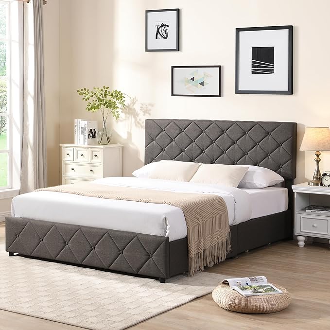 king Size Upholstered Bed Frame with 4 Storage Drawers and Headboard No Box Spring