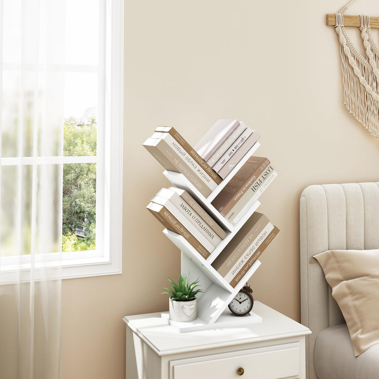 Hoctieon 4 Tier Tree Bookshelf, Small Bookcase, Free Standing Tree Bookcase, Bookshelf for Bedroom, Book Shelf Organizer, Small Bookshelf, White