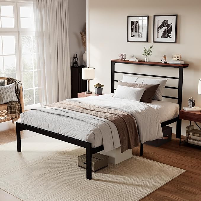 Full Size Bed Frame with Headboard Shelf and Strong Metal Foundation