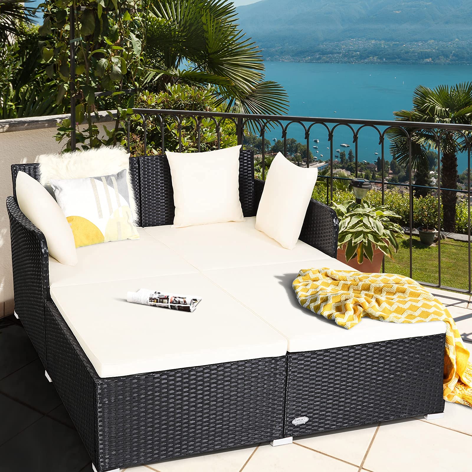 Outdoor Rattan Daybed, Patio Loveseat Sofa Set w/Comfortable Cushions