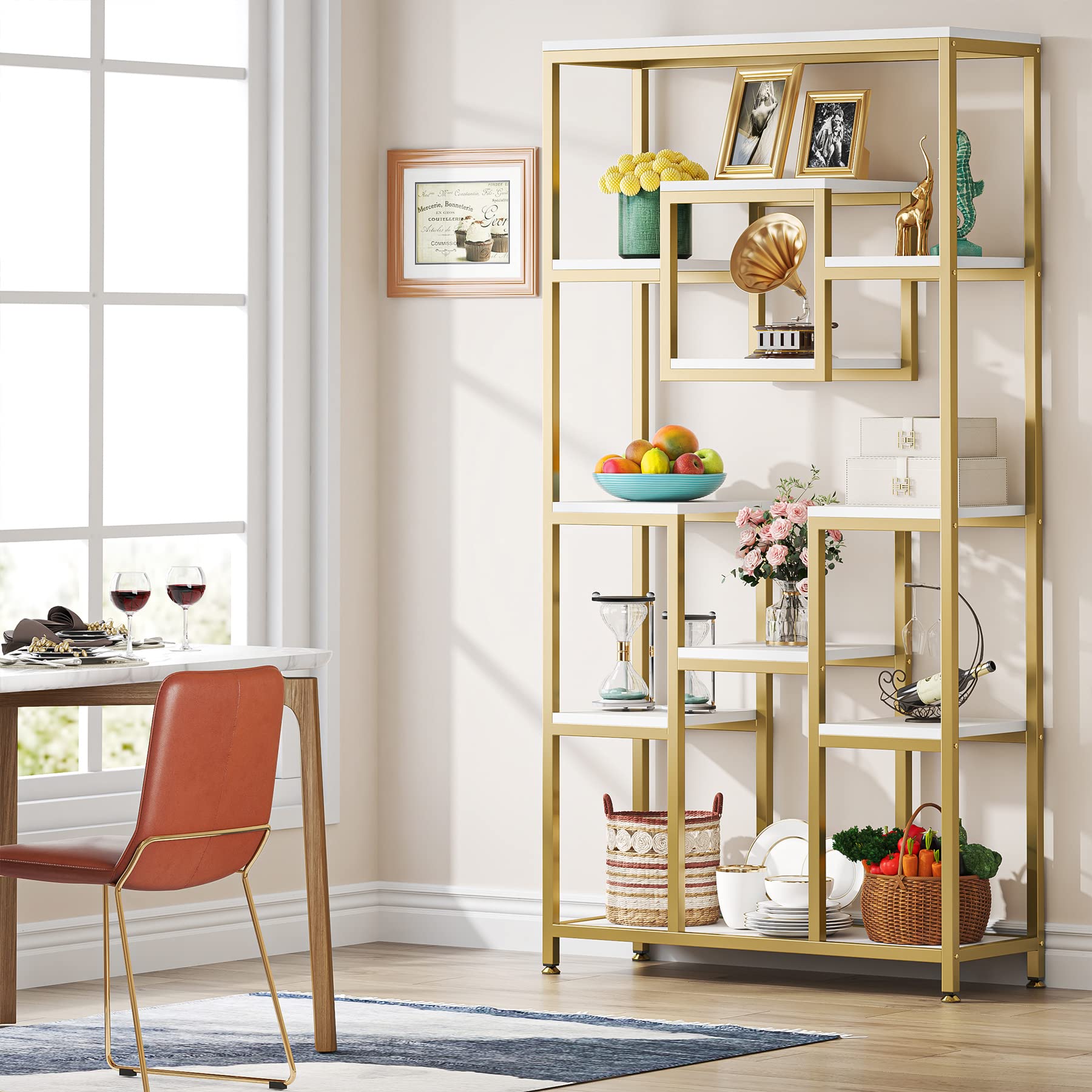 71" Gold Etagere Bookshelf, Modern 11-Tier Tall Open Display Bookcase Bookshelves, Free
