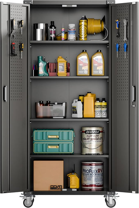 73''H Garage Storage Cabinet with Wheels,Steel Cabinets with 2 Doors and 4 Adjustable