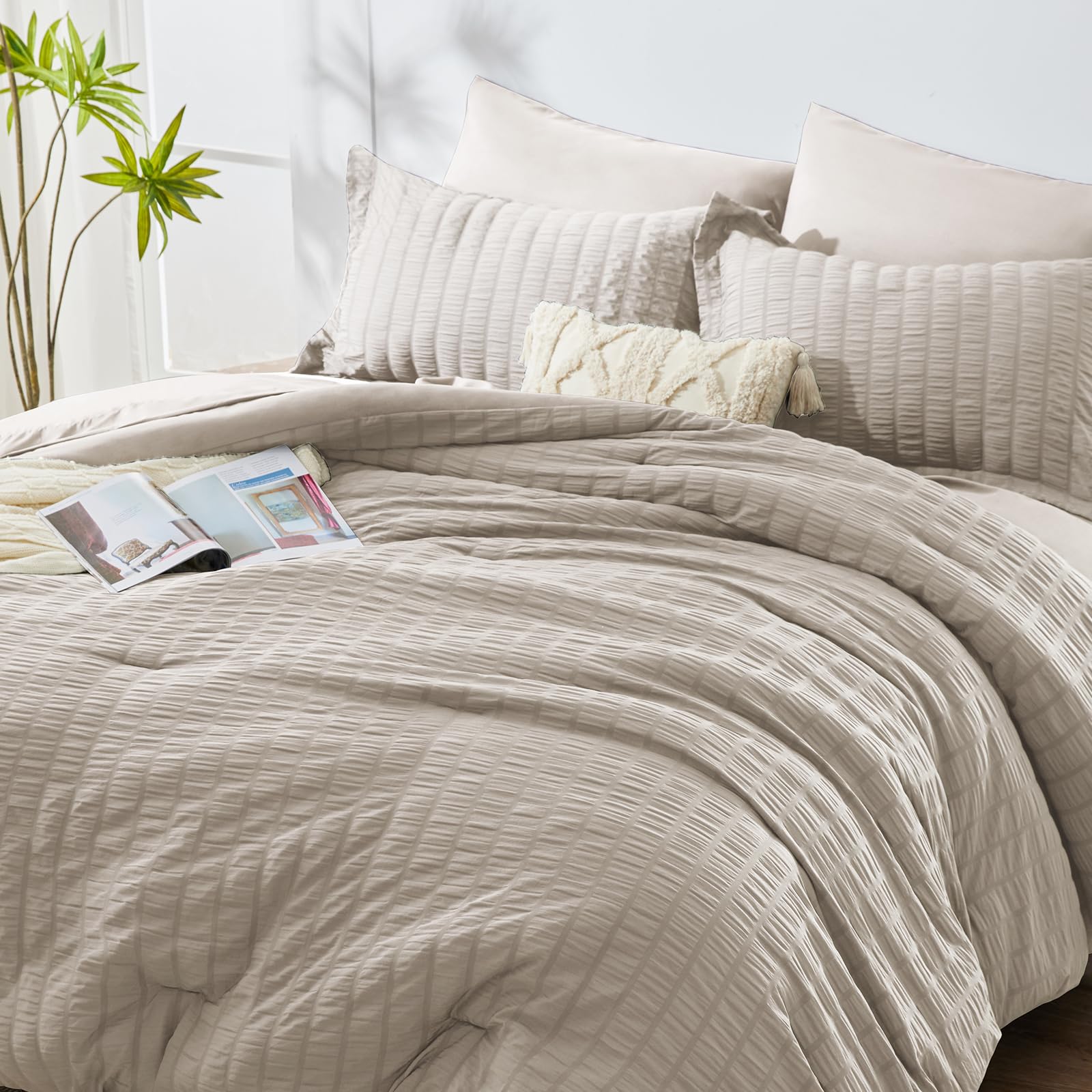 King Seersucker Comforter Set with Sheets Beige Bed