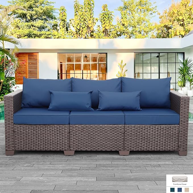Brown Wicker 3-Seater Outdoor Sofa - Deep Seat, High Backrest