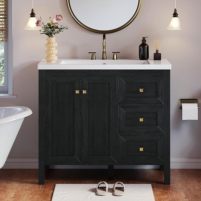 36" Bathroom Vanity with Sink Set, Vintage Bathroom Cabinet Vanity with Resin Basin
