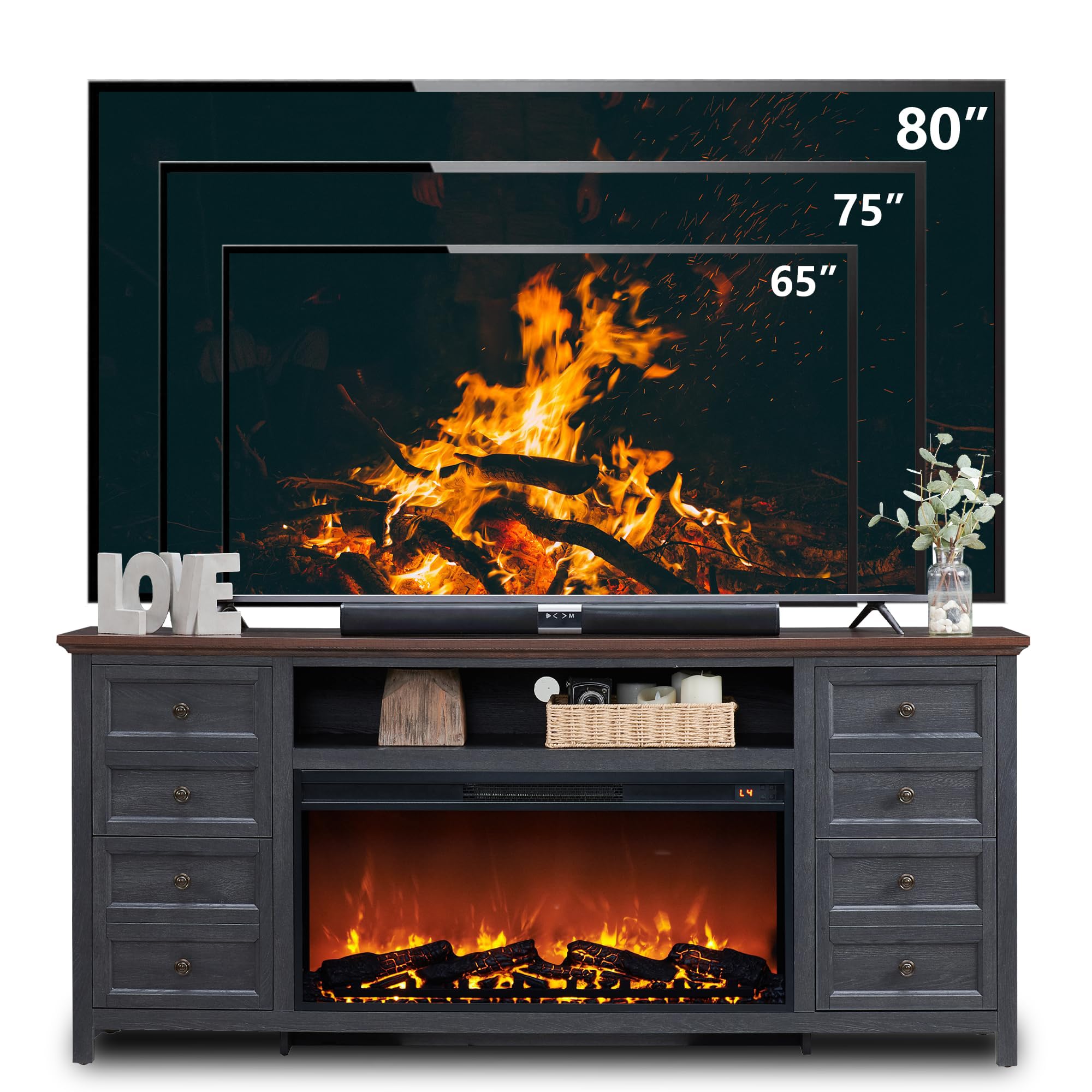 Fireplace TV Stand for TVs up to 80 Inches with 36" Electric Fireplace, 31" Farmhouse