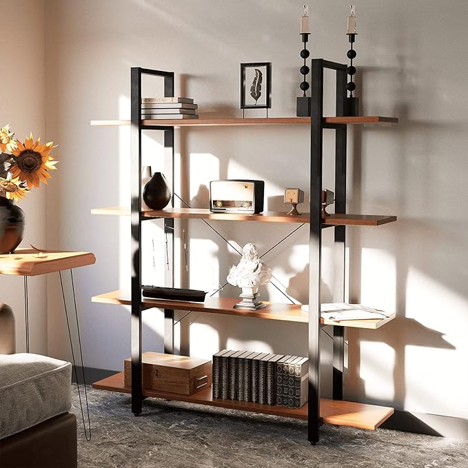 Industrial Bookshelf, USA Grown Hardwood, Real Wood Bookshelves, Modern Open Rustic Bookcase, Storage Shelf, Display Shelf, Poplar Solid Wood-5 Tier Shelf