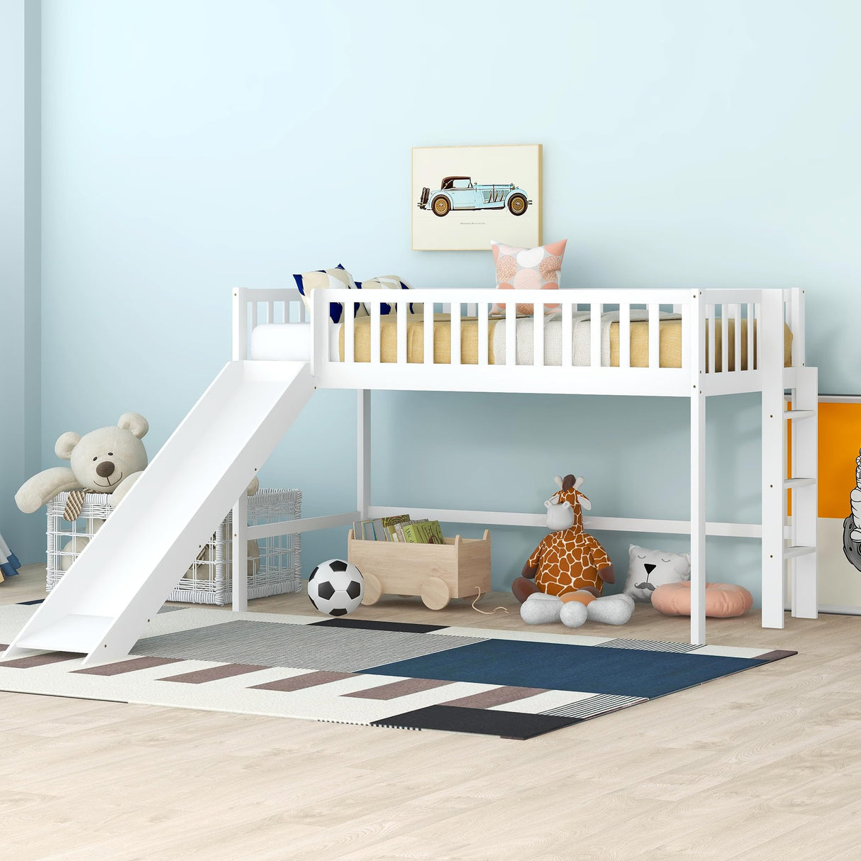 Twin Size Low Loft Bed for Kids,Loft Bed with Slide and Ladder