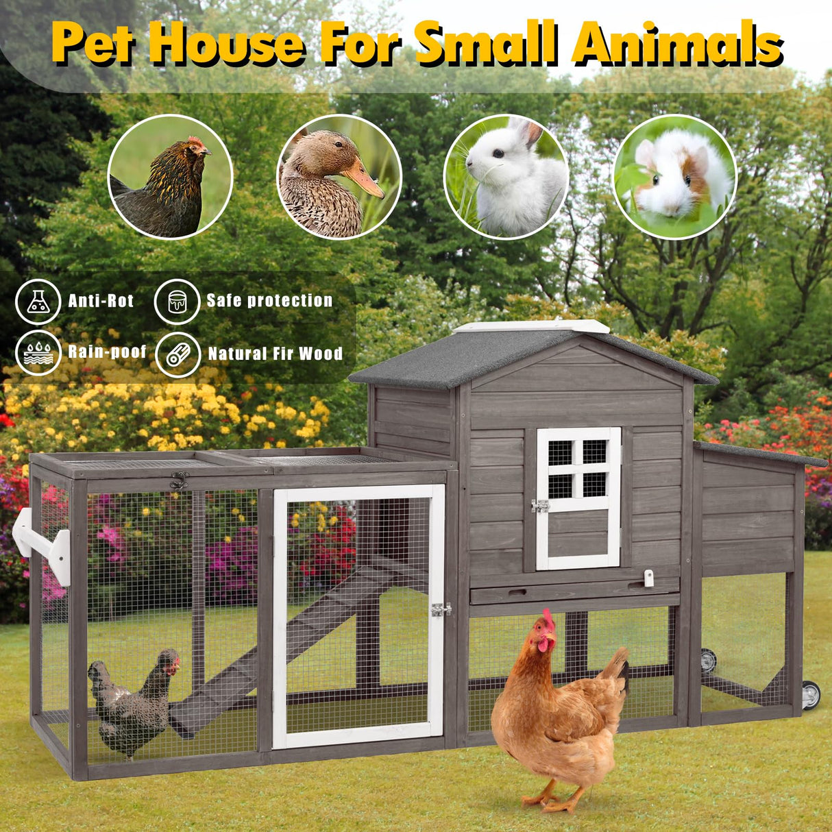 Wooden 79" Chicken Coop with Wheels Asphalt Roof Nest Boxes Pull-Out Trays