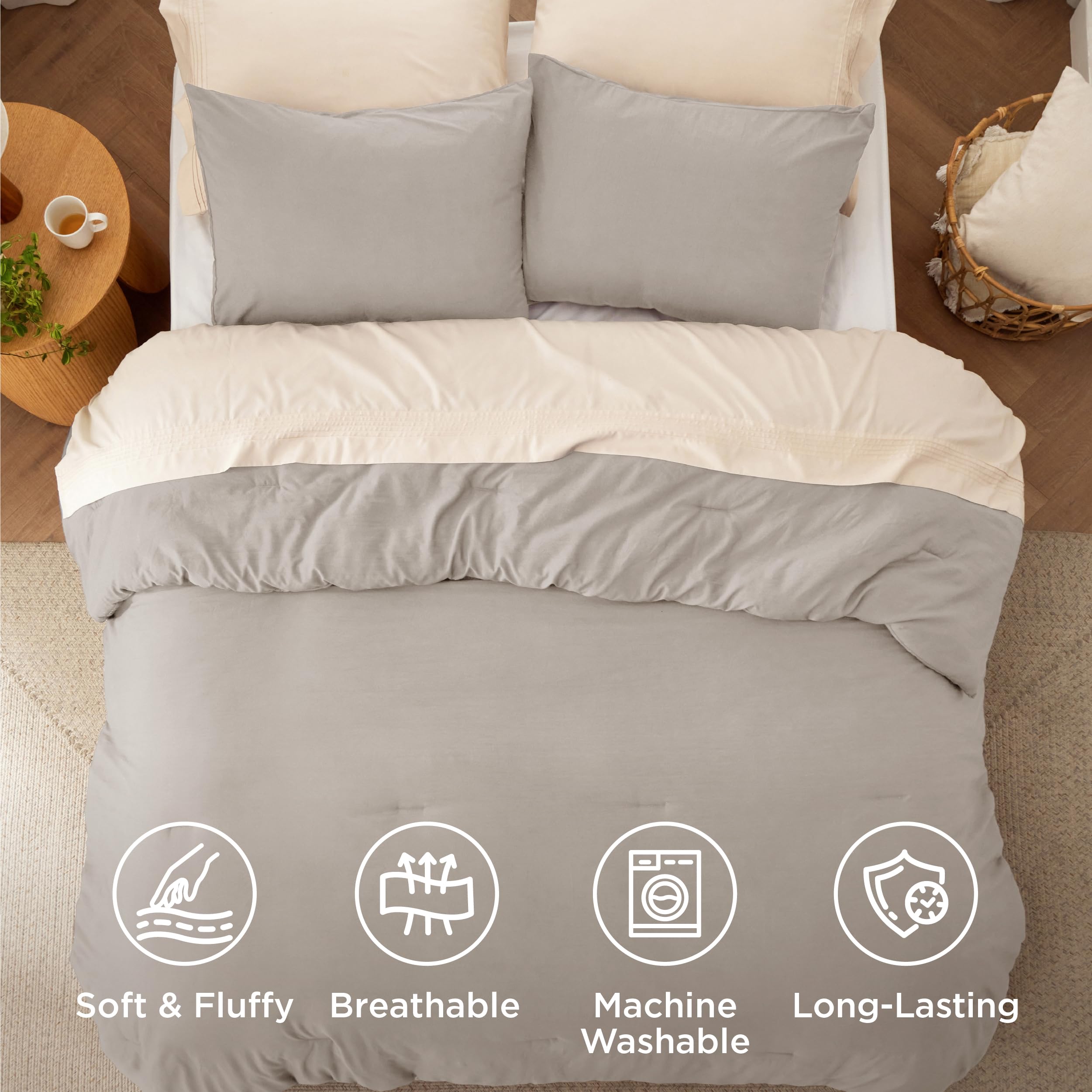 Queen Size Linen Comforter Set - 3 Piece Prewashed Bedding