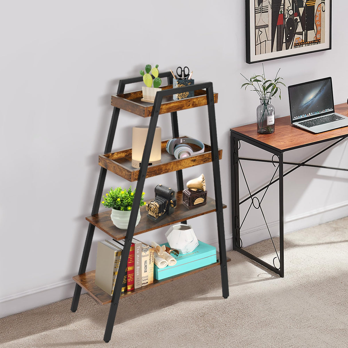 Book Shelf,4 Tier A-Shaped Industrial Wooden Ladder Bookcase Metal Frame with Storage,Open Display,Decorative and Plant Stand for Living Room/Farmhouse/Bedroom/Home Office/Bathroom