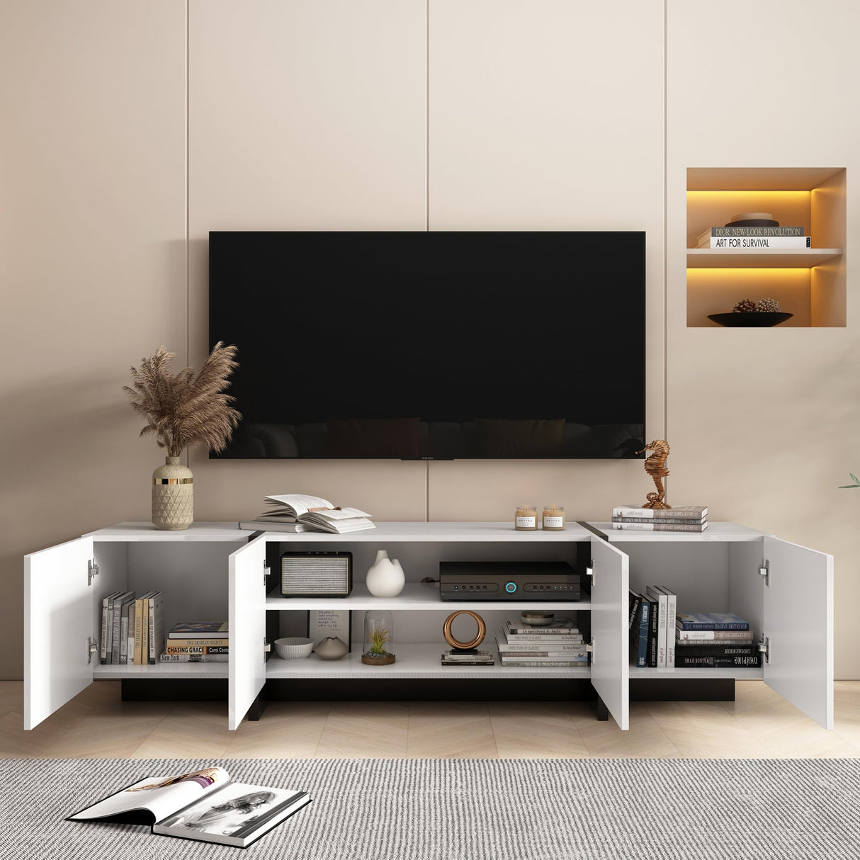 Modern TV Stand, 65 70 75 Inch White TV Stands for Living Room, Entertainment Center