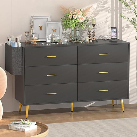 6 Drawer Dresser for Bedroom with Power Outlets, Modern Wood Dresser