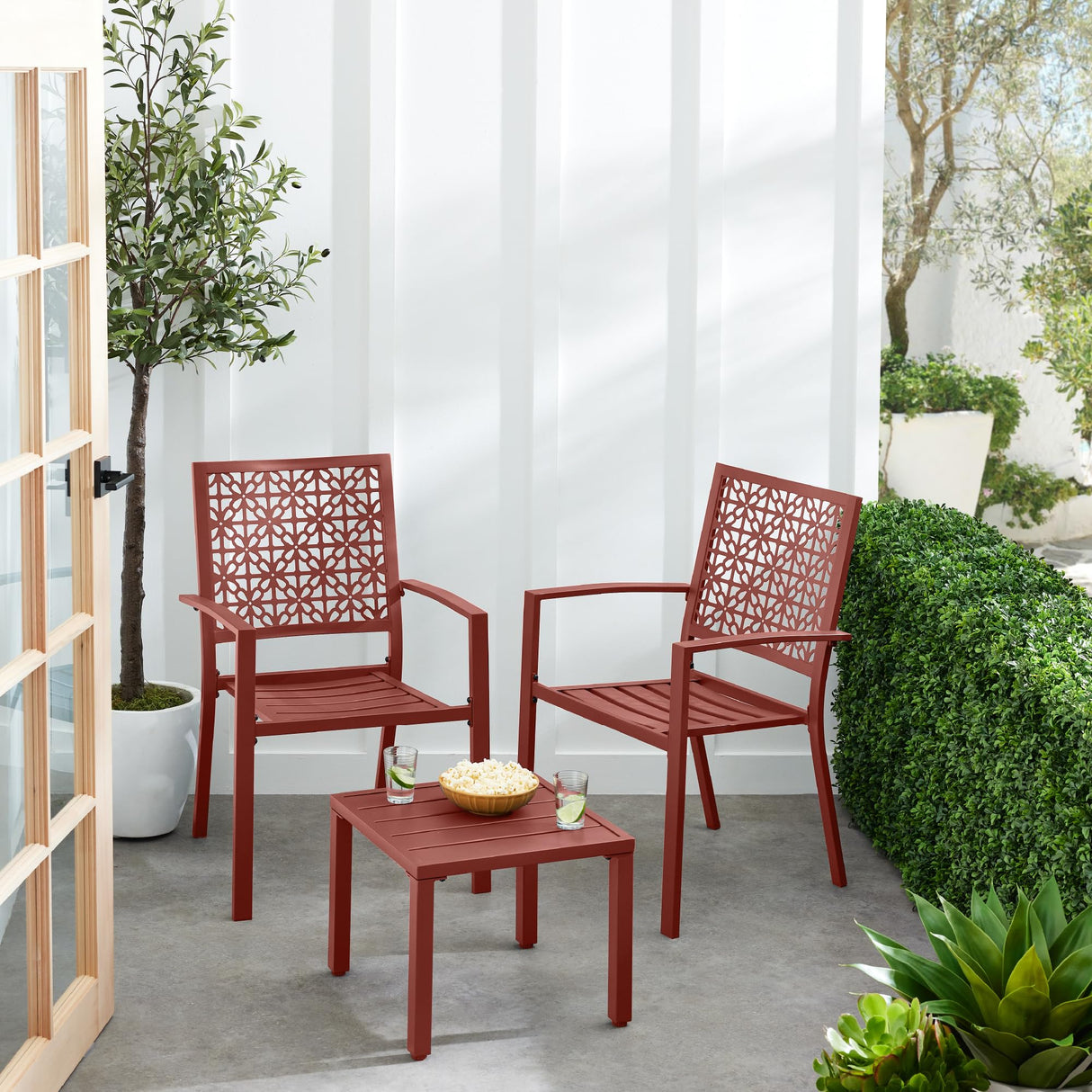 3-Piece Outdoor Bistro Set, Stackable Modern Steel Furniture for Porch