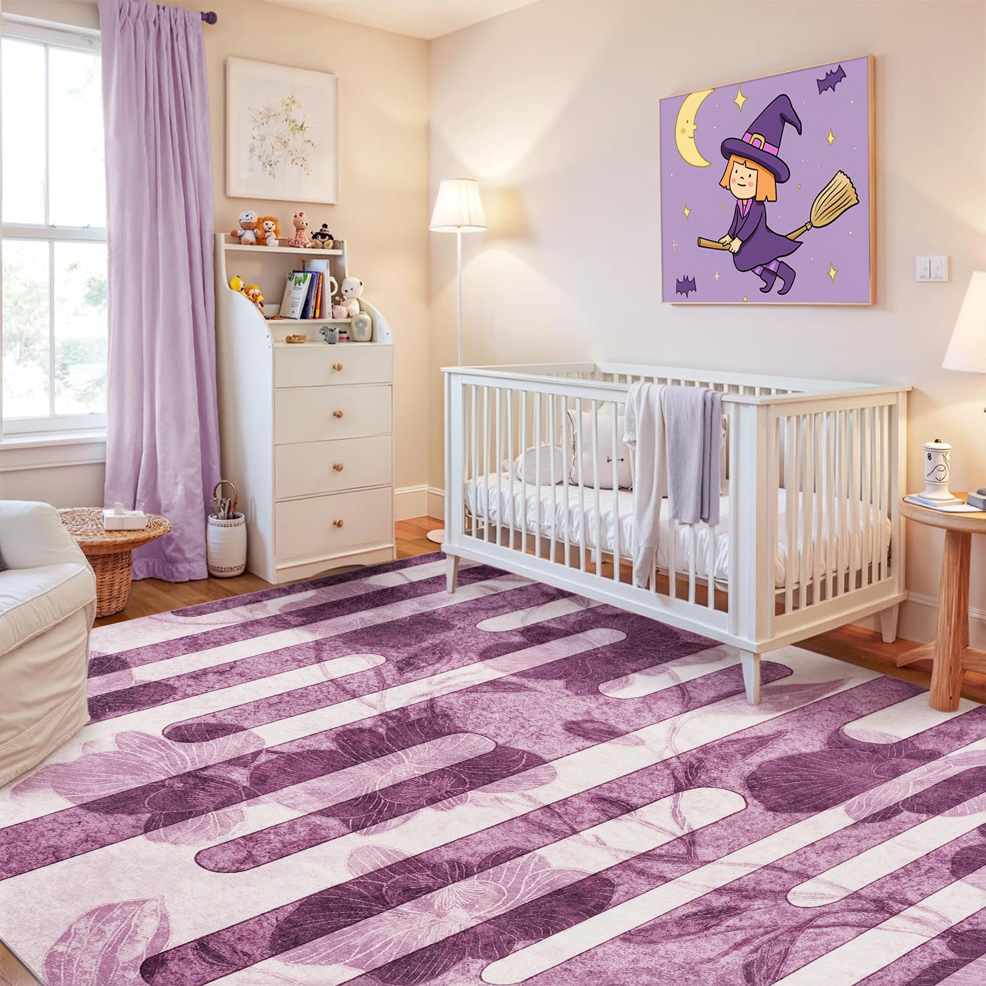 Zhangui 10x14 Purple Floral Rugs for Living Room - 10x14 Area Rug with Non Slip Backing, Dining Room Rugs for Under Table, Machine Washable Striped Rug for Bedroom