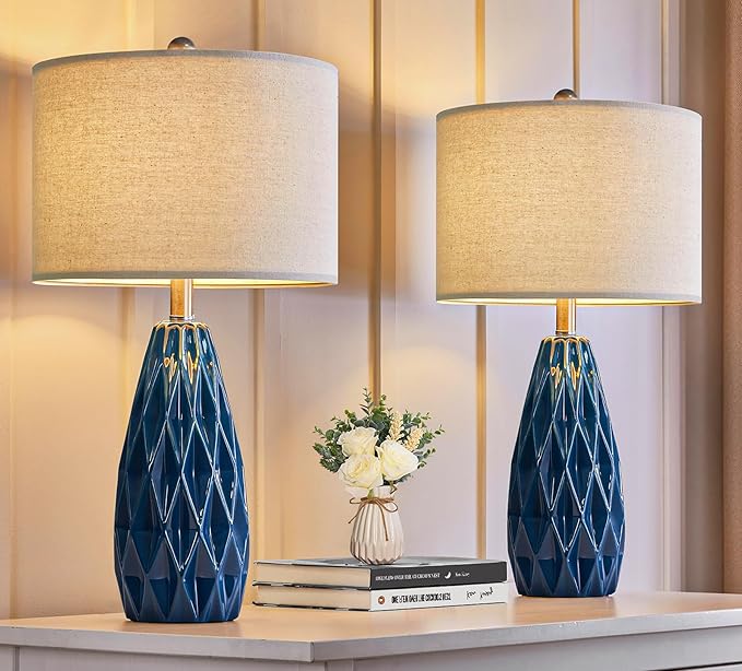 23" Table lamp Set of 2 Modern Ceramic Small Blue Embossed Geometric Pattern Bedside