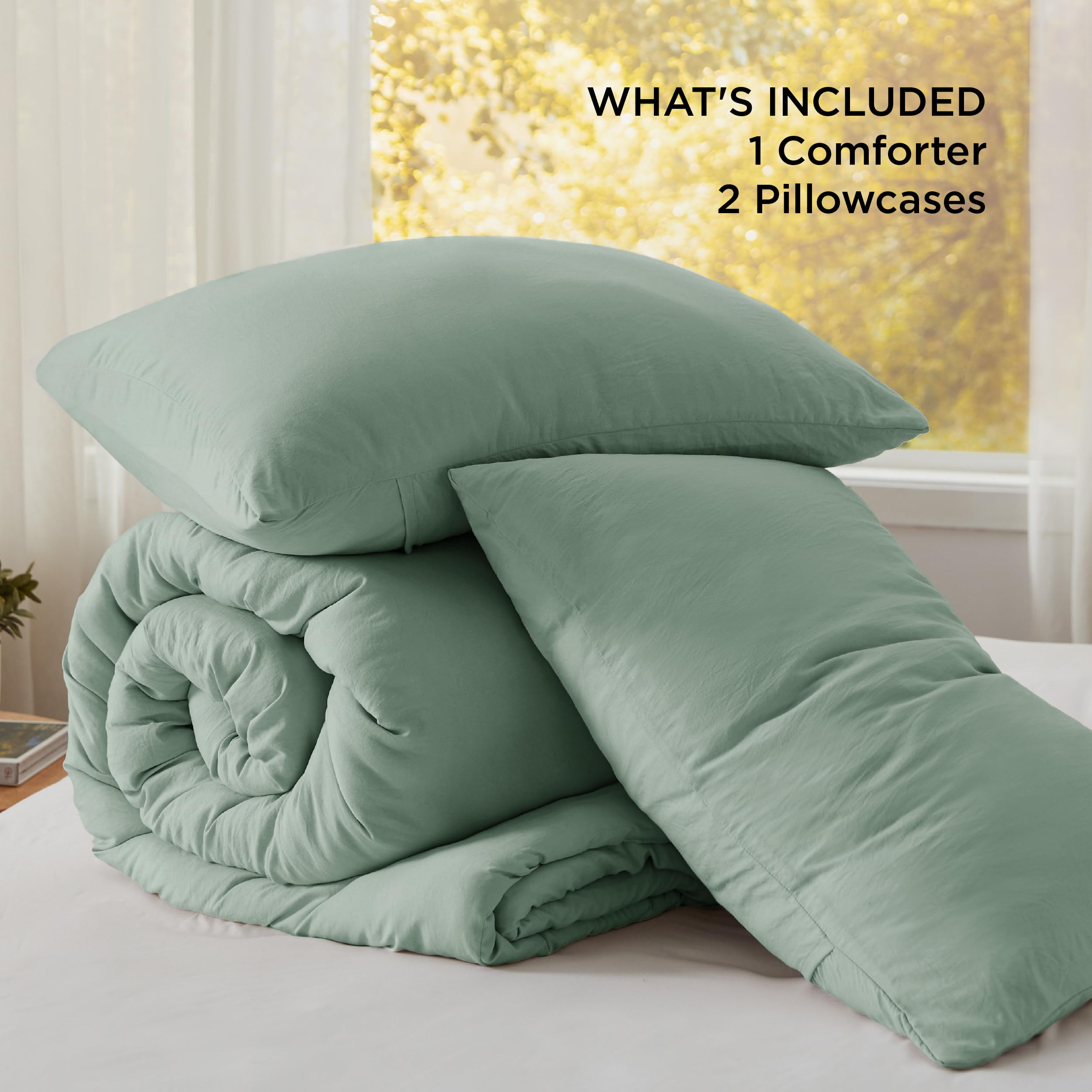 King Size Comforter Set - Sage Green Prewashed Bedding 3 Pieces