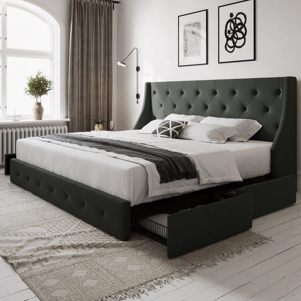 Premium King Size Bed Frame: Wingback Headboard, 4 Storage Drawers Included