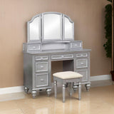 Inch Vanity Desk with Stool, Drawers, 3 Sided Mirror, Wood, Silver and Beige