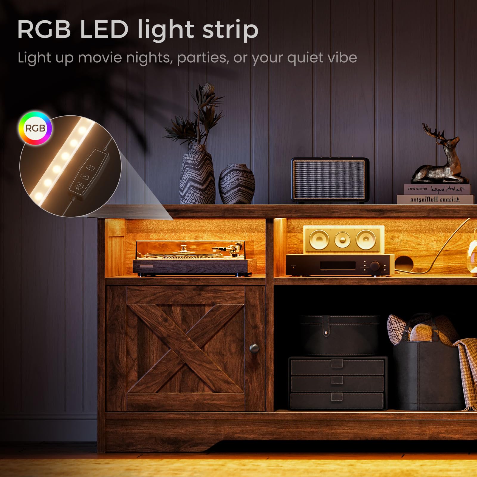 65 Inch Farmhouse TV Stand with Power Outlet & LED Lights