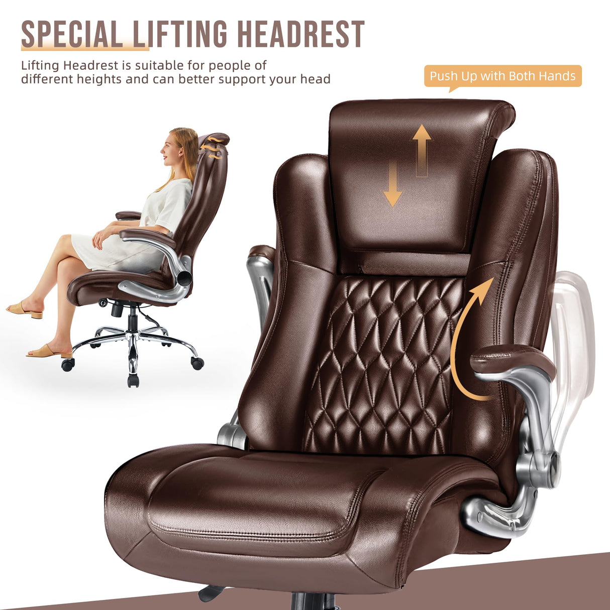 High Back Office Chair with Flip-up Armrests - Lifting Headrest, Built-in Adjustable