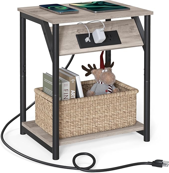 End Table with Charging Station, Small Side Table for Living Room, Bedroom, Nightstand