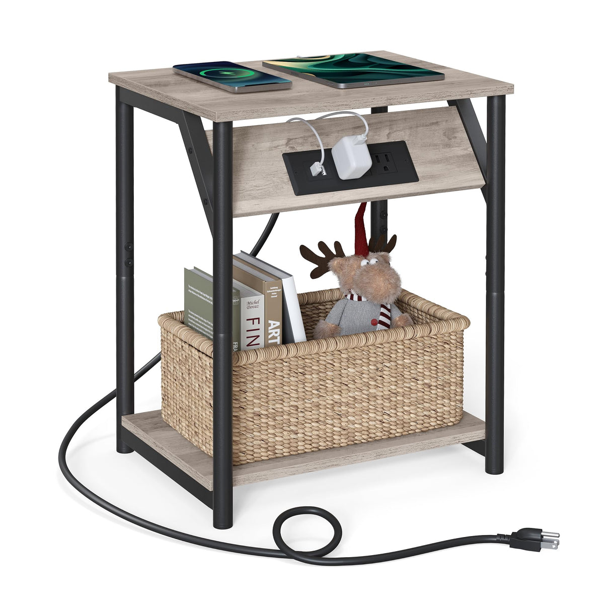 End Table with Charging Station, Small Side Table for Living Room, Bedroom, Nightstand