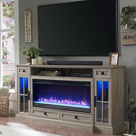 Fireplace TV Stand for 80 Inch TV, Farmhouse Entertainment Center with 42" Fireplace