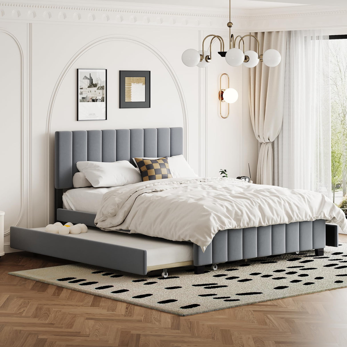 Size Upholstered Bed Frame with 2 Drawers & 1 Twin XL Trundle, Velvet Platform Storage