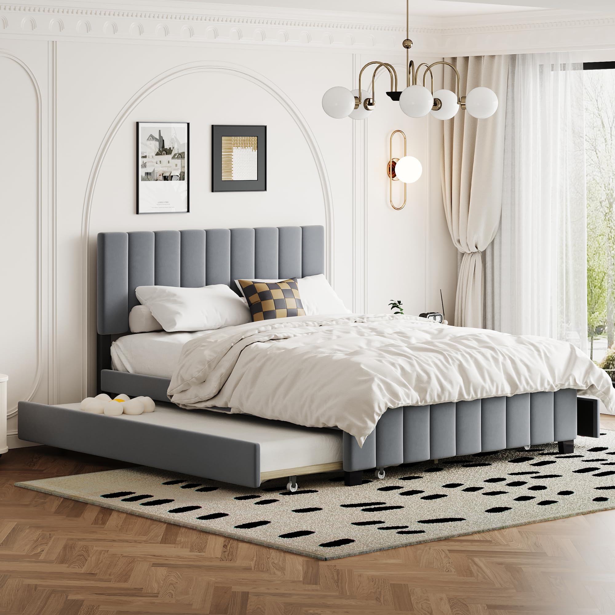 Size Upholstered Bed Frame with 2 Drawers & 1 Twin XL Trundle, Velvet Platform Storage